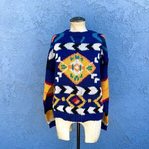 Vintage 90s Sweater Oversized Blue Colorful southwestern Aztec S/M